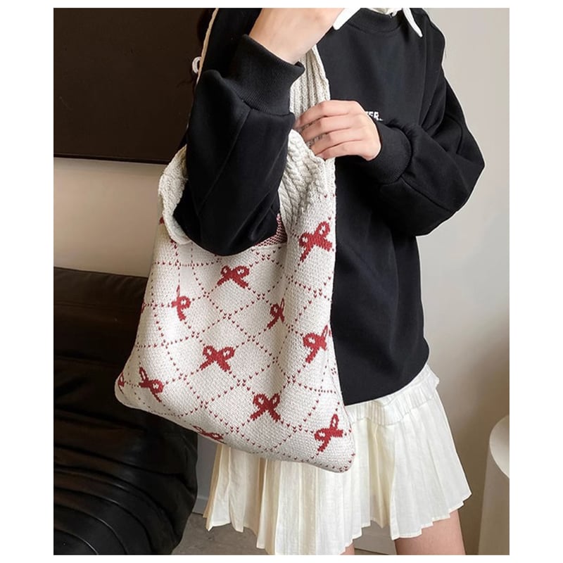 リボン柄ニットトートバッグ | Bagoodtimeshop リボン柄ニットトートバッグ | Bagoodtimeshop