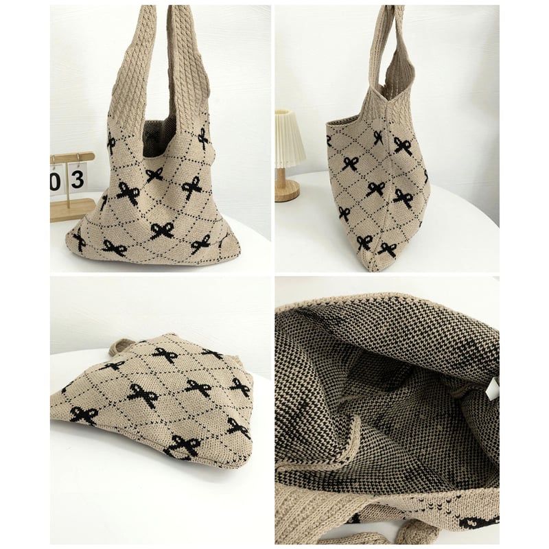 PINCUNOMARU Ribbon ハンドバッグ ドット柄 トートバッグ リボンバッグ（ドットグレー） - PINCUNOMARU | 60% - アジア