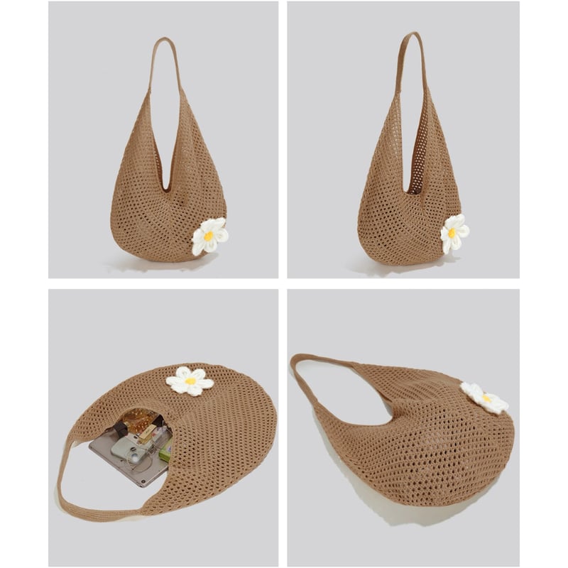 軽量花モチーフ付き編みトートバッグ | Bagoodtimeshop