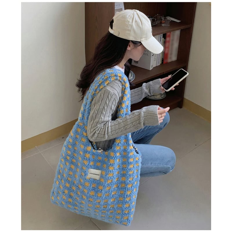 大容量チェック柄ボアトートバッグ | Bagoodtimeshop