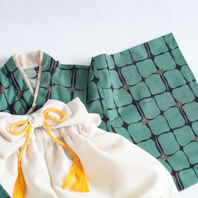 ふうせん袴(アイボリー)＊「スクエア」柄 着物×ベビー袴/男の子