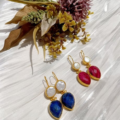 パール×ルビー　ピアス