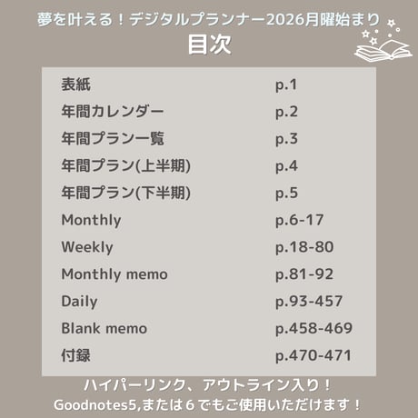 夢を叶える！2026デジタルプランナー365日のページ付き（月曜／１月始まり)【Citrus Leaf シトラスリーフ】GoodNotes5、6