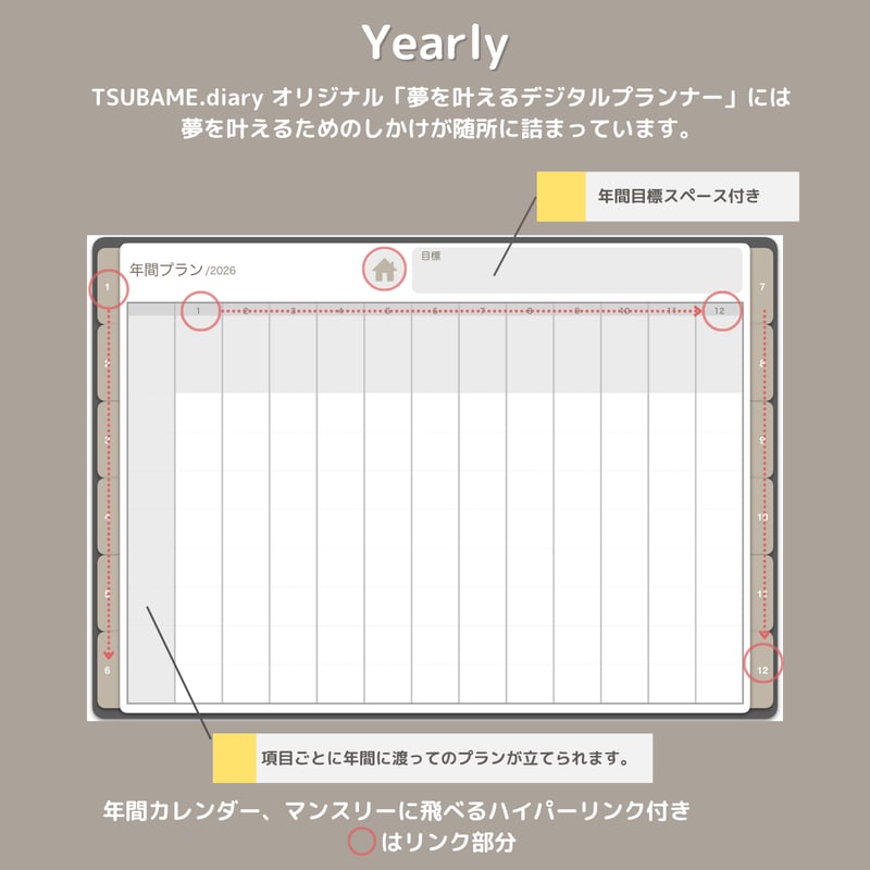 夢を叶える！2026デジタルプランナー365日のページ付き（月曜／1月