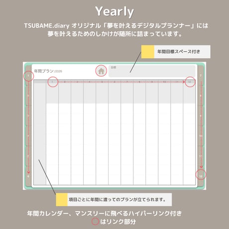 夢を叶える！2026デジタルプランナー365日のページ付き（月曜／１月始まり)【Citrus Leaf シトラスリーフ】GoodNotes5、6