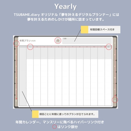 夢を叶える！2026デジタルプランナー365日のページ付き（日曜／１月始まり)【googleカレンダーリンク版】GoodNotes5、6