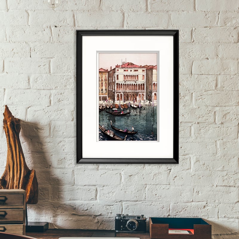 吉田博、ヴェニスの運河、希少な額装用画集より、新品高級額装付、状態良好