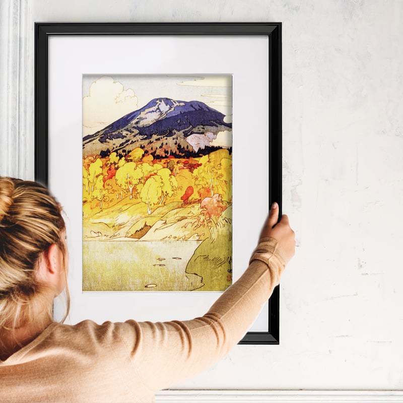 吉田博、【八甲田山紅葉】、希少な大判画集より、新品高級額・額装付