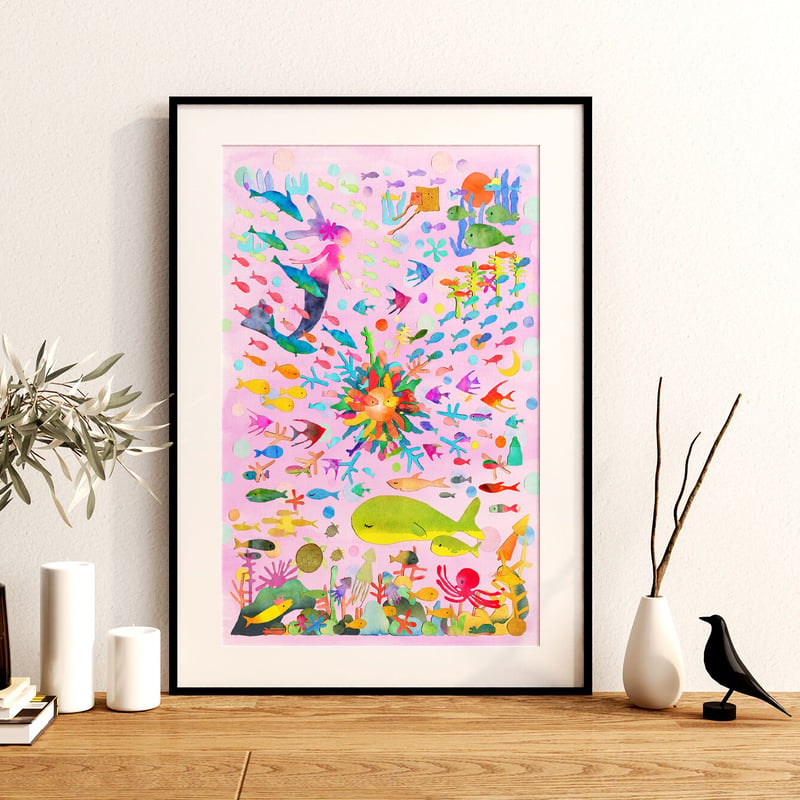 海のマーメイド Pink & Blue（2枚セット A4サイズ）/絵画ポスター 
