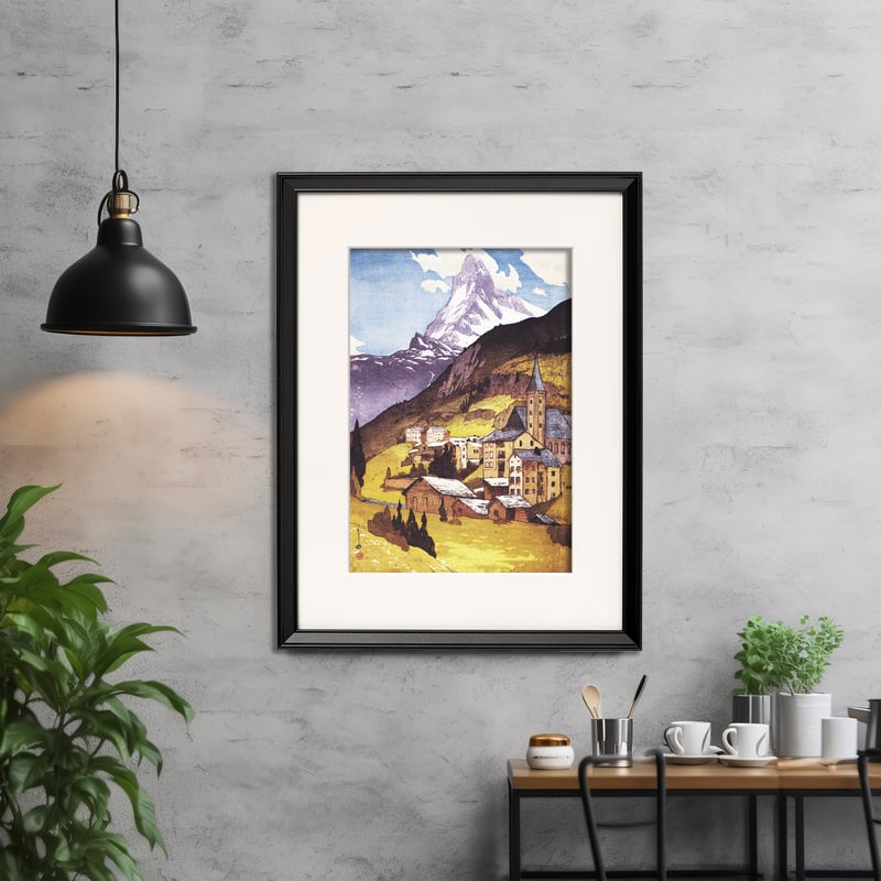 吉田博、【ブライトホルン山】、希少画集画、高級新品額・額装付、状態美麗