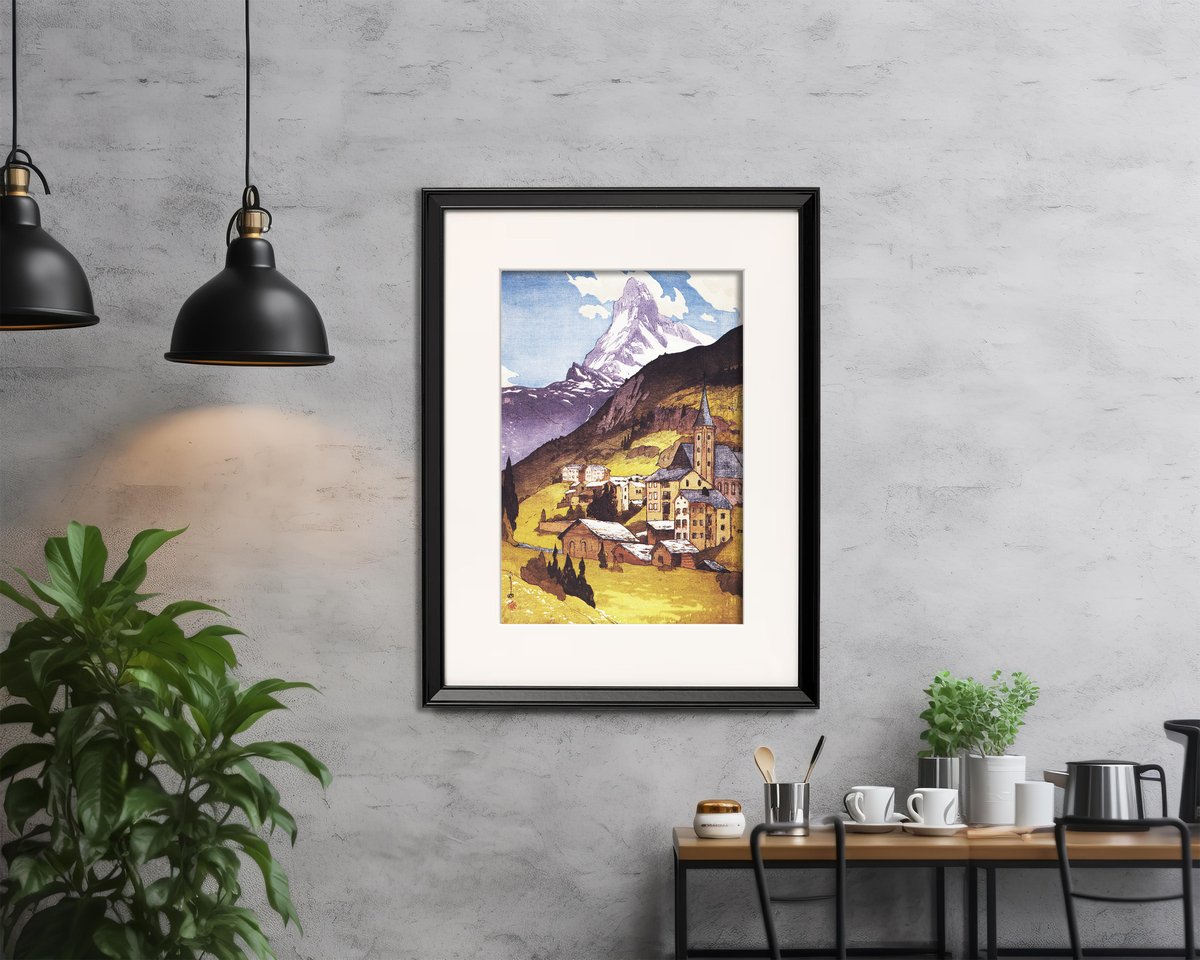 吉田博、ブライトホルン山、希少な額装用画集より、新品高級額装付、状態良好 吉田博、ブライトホルン山、希少な額装用画集より、新品高級額装付、状態