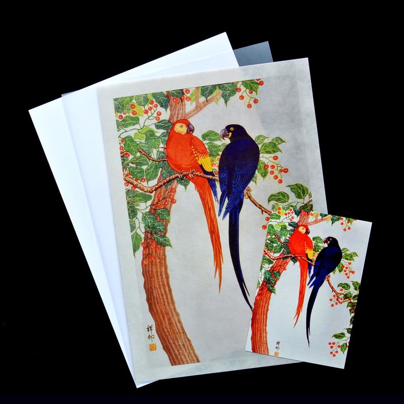 つがいのインコ梅に鶯/小原古邨 木版画複製A4 土佐純楮和紙 日本 つがいのインコ梅に鶯/小原古邨 木版画複製A4 土佐純楮和紙 日本