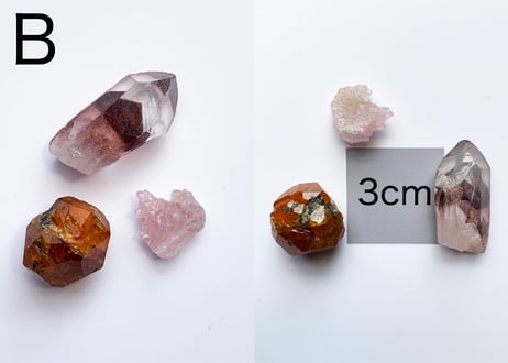 【Erosの波動】クリスタル3個セット（スペサルティンガーネット大・結晶化したローズクォーツ・サンセットクォーツ）