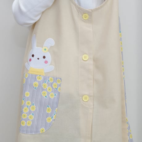 2024新作 【おてんばママ】花ストライプうさこキッチン M-L 保育士エプロン