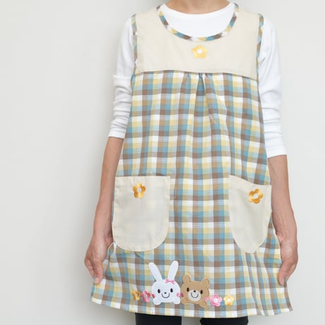 2024秋冬新作 【おてんばママ】うさくまフラワーキッチン（イエロー） M-L 保育士エプロン サイドボタン
