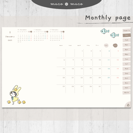 【2025年デジタルプランナー】【月曜始まり 祝日表記なし】"ウサギガール" リンク付きPDF（monthly＆weekly＋ノート＋ステッカーセット）ipad goodnotes