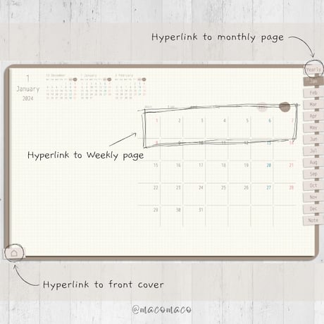 【月曜始まり】2024年デジタル手帳テンプレート"Cafétime" 年始始まり リンク付き（monthly＆weekly＋ノート）ipad goodnotes