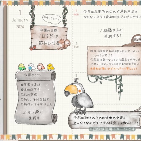 【イラスト素材】【デジタル手帳素材】「ナマケモノと森」のイラストふせん風デジタルステッカー