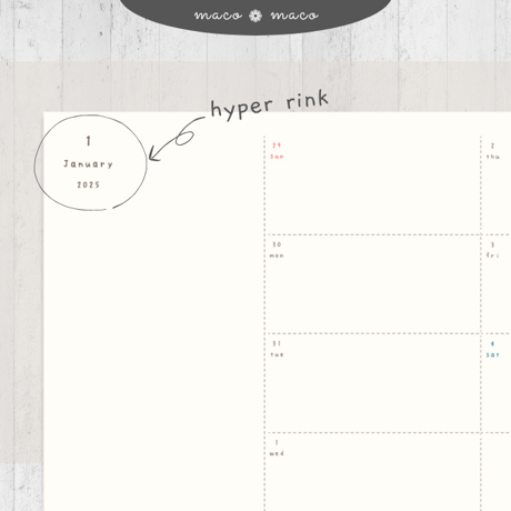 【2025年デジタルプランナー】【日曜始まり 祝日表記なし】"kawaii diary" リンク付きPDF（monthly＆weekly＋ノート＋ステッカーセット）ipad goodnotes