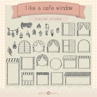 【デジタル手帳素材】カフェ風窓枠と植物イラストスタンプ