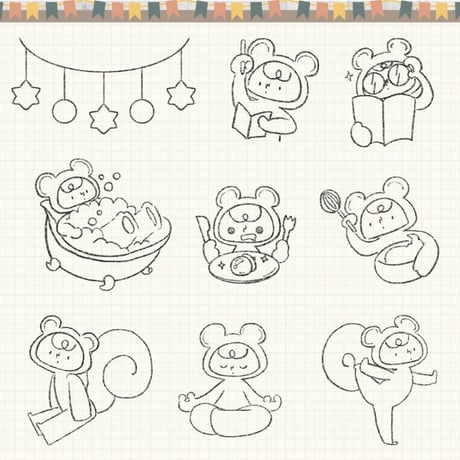 【イラスト素材】【デジタル手帳素材】素朴で可愛いリスくんのイラストデジタルステッカー（モノクロ）