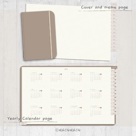 【月曜始まり】2024年デジタル手帳テンプレート"Cafétime" 年始始まり リンク付き（monthly＆weekly＋ノート）ipad goodnotes