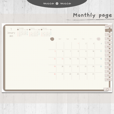 【2025年デジタルプランナー】【日曜始まり 祝日表記あり】"Cafétime" リンク付きPDF（monthly＆weekly＋ノート＋ステッカーセット）ipad goodnotes