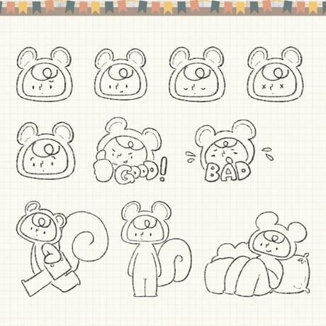 【イラスト素材】【デジタル手帳素材】素朴で可愛いリスくんのイラストデジタルステッカー（モノクロ）