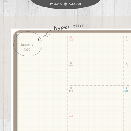 【2025年デジタルプランナー】【日曜始まり 祝日表記あり】"Cafétime" リンク付きPDF（monthly＆weekly＋ノート＋ステッカーセット）ipad goodnotes