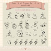 【デジタル手帳素材】らびこちゃんと夏の日常デジタルスタンプ (モノクロ)