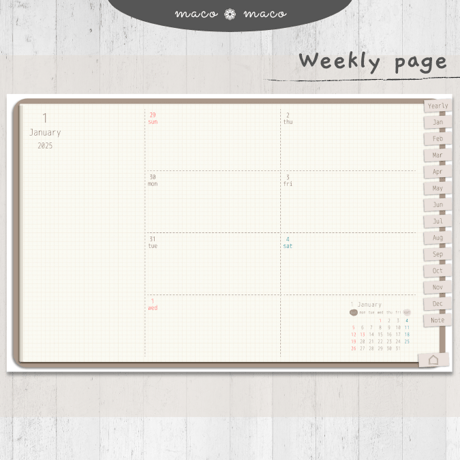 【2025年デジタルプランナー】【日曜始まり 祝日表記あり】"Cafétime" リンク付きPDF（monthly＆weekly＋ノート＋ステッカーセット）ipad goodnotes