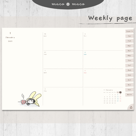 【2025年デジタルプランナー】【月曜始まり 祝日表記なし】"ウサギガール" リンク付きPDF（monthly＆weekly＋ノート＋ステッカーセット）ipad goodnotes
