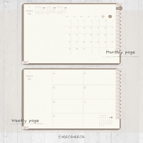 【月曜始まり】2024年デジタル手帳テンプレート"Cafétime" 年始始まり リンク付き（monthly＆weekly＋ノート）ipad goodnotes