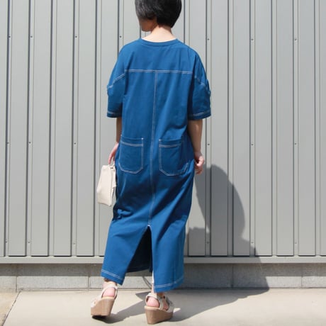 配色ステッチ半袖Tシャツワンピース