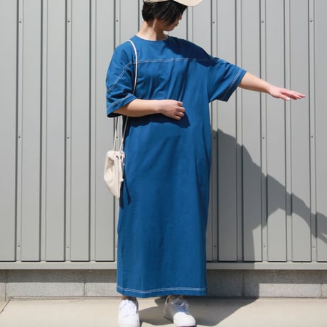 配色ステッチ半袖Tシャツワンピース