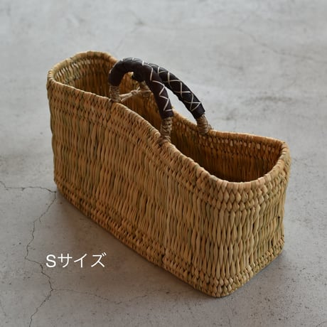 ストロー横長かご｜革クロスステッチハンドル
