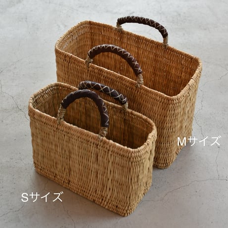 ストロー四角かご｜革クロスステッチハンドル