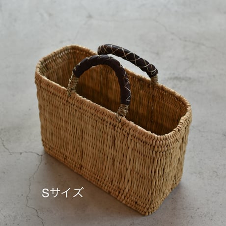 ストロー四角かご｜革クロスステッチハンドル