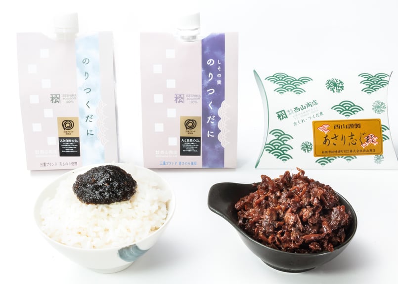 のり出品 西山謹製 あさり志ぐれ・のりつくだ煮(2種)、合計3個セット(送料込み