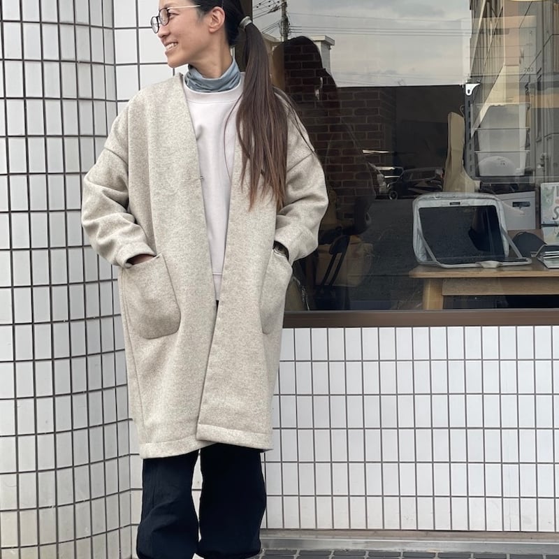 ヘリンボーンウールノーカラーショートコート | miharashi factory curaso