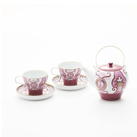 JAPAN AUTUMN ティーポット 1個 カップ＆ソーサー 2個 ワインレッド 古伊万里草花紋 化粧箱入【ARITA PORCELAIN LAB（アリタポーセリンラボ）】