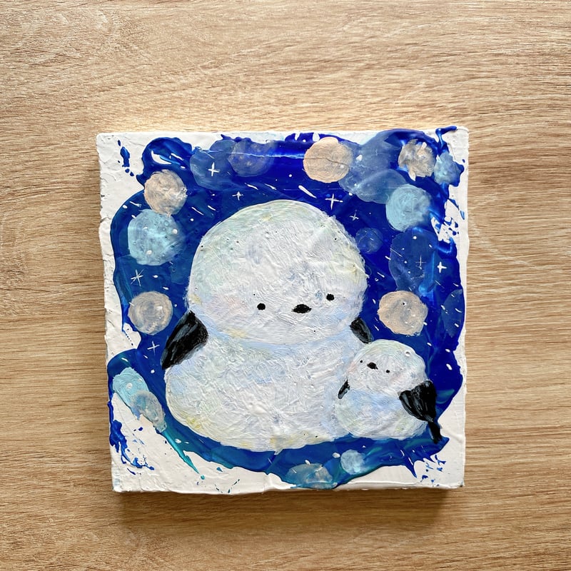 原画【もっちりシマエナガ(グラデブルー)】10㎝ canvas | ねこの森雑貨店