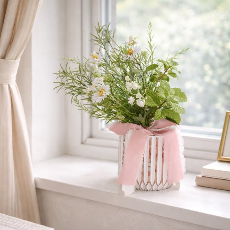 花瓶付き】ハーブとホワイトスカビオサのナチュラルブーケ | MAPLE