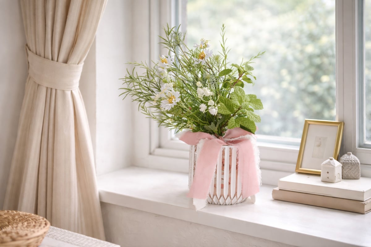 花瓶付き】ハーブとホワイトスカビオサのナチュラルブーケ | MAPLE