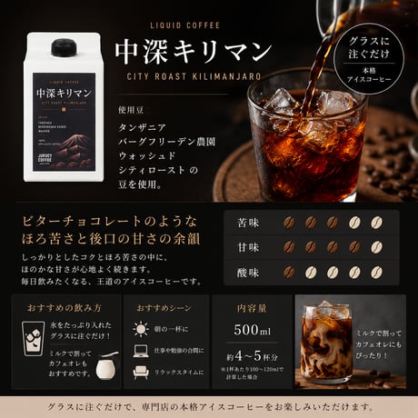 【最大10%OFF】【２種セット】 中深キリマン×中深モカ リキッドアイスコーヒー 無糖 各種500ml (1本あたり)