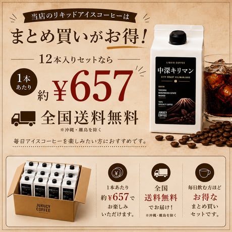 【最大10%OFF】中深キリマン リキッドアイスコーヒー 無糖 500ml (1本あたり)