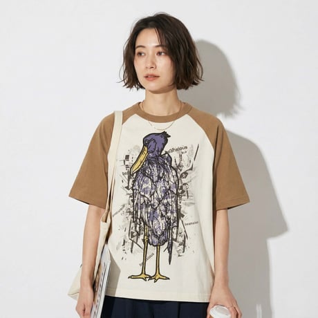 前ハシビロコウ【ヴィンテージナチュラルxダークキャメル】半袖ラグランTシャツ