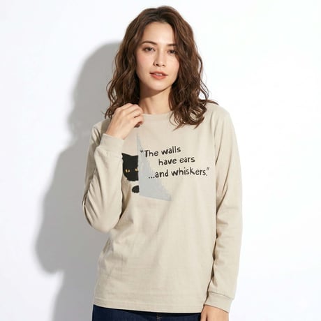 のぞき猫 【ミルキーグレー】オーガニックコットン長袖Tシャツ
