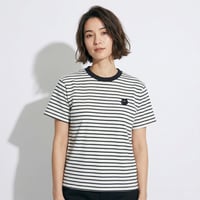 刺繍ネコにらみ【ホワイト/ブラック】ボーダー半袖Tシャツ