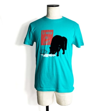 ミルクを飲むネコ【エメラルドグリーン】半袖Tシャツ